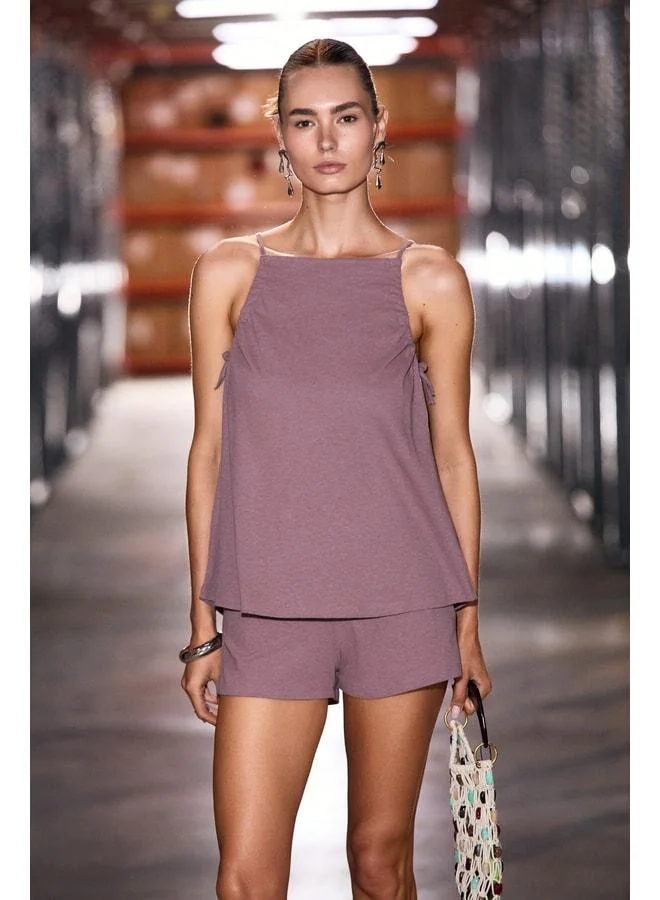LIFKE Women's Strap Pleated Detail Comfortable Fit Shorts Linen Cotton Blend Purple Set.
