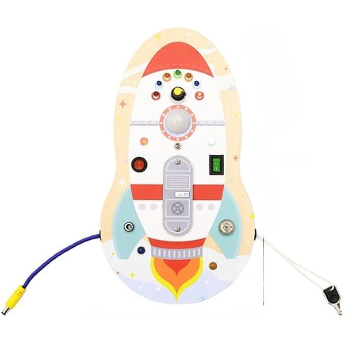 ROCKET BUSY BOARD FOR TODDLERS – MONTESSORI WOODEN SENSORY TOY FOR KIDS AGE 3+ – SPACE-THEMED ACTIVITY BOARD WITH LIGHTS & SWITCHES - Image 1