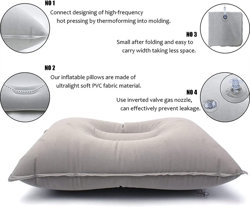 JAKENHAM 2Pack Ultralight A4 Size Inflatable Travel Pillow, Small Squared Flocked Fabric Air Pillow for Traveling, Holiday Trip, Hiking, Camping,Napping,Neck Lumbar Support(Gray) - Image 2