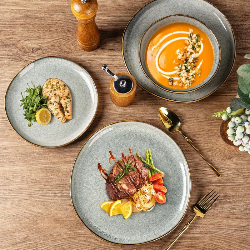 AmorArc أطقم أدوات المائدة الخزفية من AmorArc مجموعة من الأطباق والأوعية المصنوعة يدويًا بتزجيج تفاعلي مقاوم للتشقق والرقائق آمنة في غسالة الصحون والميكروويف خدمة لـ 8 أشخاص 24 قطعة - Image 3