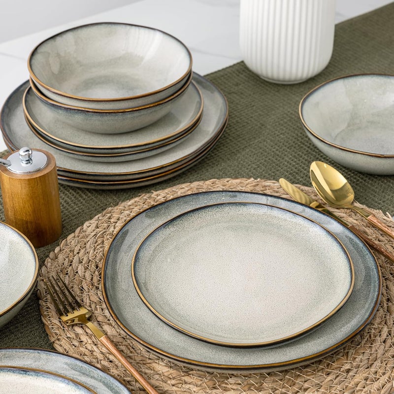 AmorArc أطقم أدوات المائدة الخزفية من AmorArc مجموعة من الأطباق والأوعية المصنوعة يدويًا بتزجيج تفاعلي مقاوم للتشقق والرقائق آمنة في غسالة الصحون والميكروويف خدمة لـ 8 أشخاص 24 قطعة - Image 4