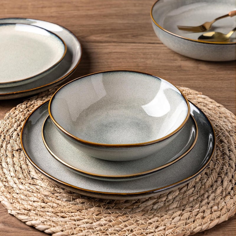 AmorArc أطقم أدوات المائدة الخزفية من AmorArc مجموعة من الأطباق والأوعية المصنوعة يدويًا بتزجيج تفاعلي مقاوم للتشقق والرقائق آمنة في غسالة الصحون والميكروويف خدمة لـ 8 أشخاص 24 قطعة - Image 5