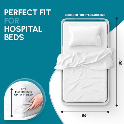 White Classic Fitted Hospital Bed Sheets Set of 3, Cotton Fitted Sheet with 200 Thread Count, Soft Standard Sheets for Hospital Bed Size: 36" x 80" x 9" - Image 2