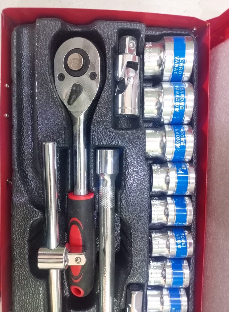 YDS Super Total 24PCS 1/2" Cr-V Socket Set / Tool Box – Mechanics Tool Kit with Extension Bars, Ratchet Handle & Universal Joint for Automotive Repairs and DIY Projects - Image 3