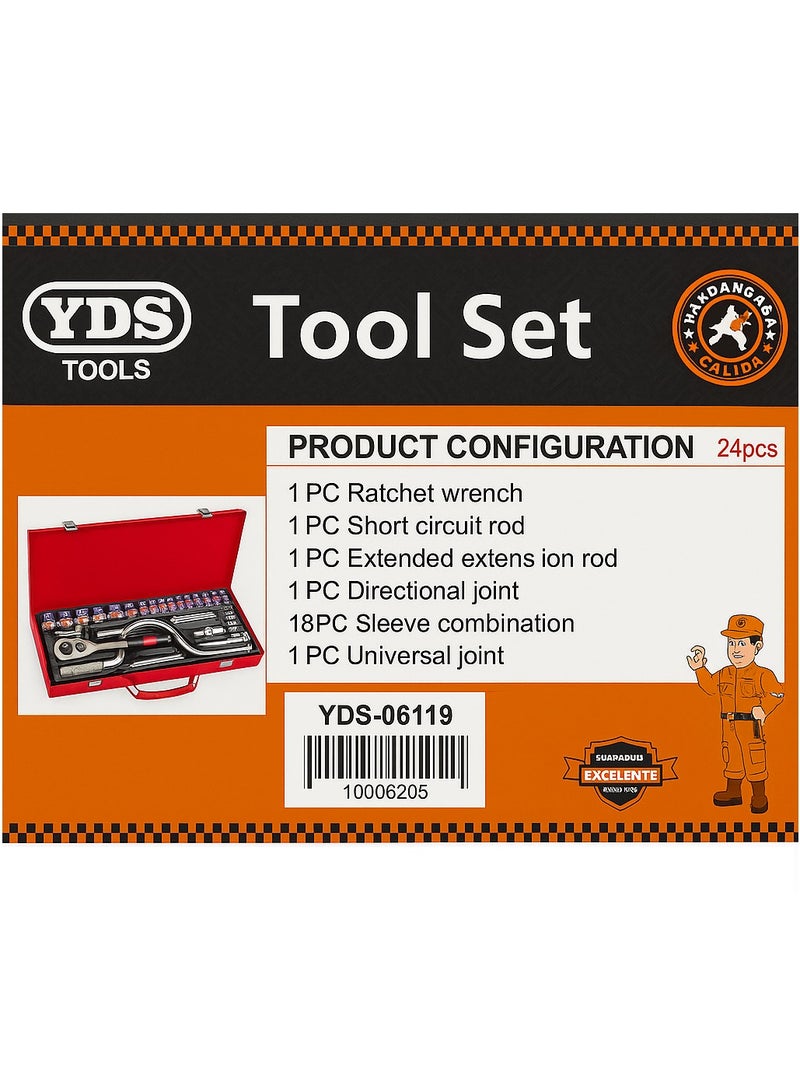 YDS Super Total 24PCS 1/2" Cr-V Socket Set / Tool Box – Mechanics Tool Kit with Extension Bars, Ratchet Handle & Universal Joint for Automotive Repairs and DIY Projects - Image 2