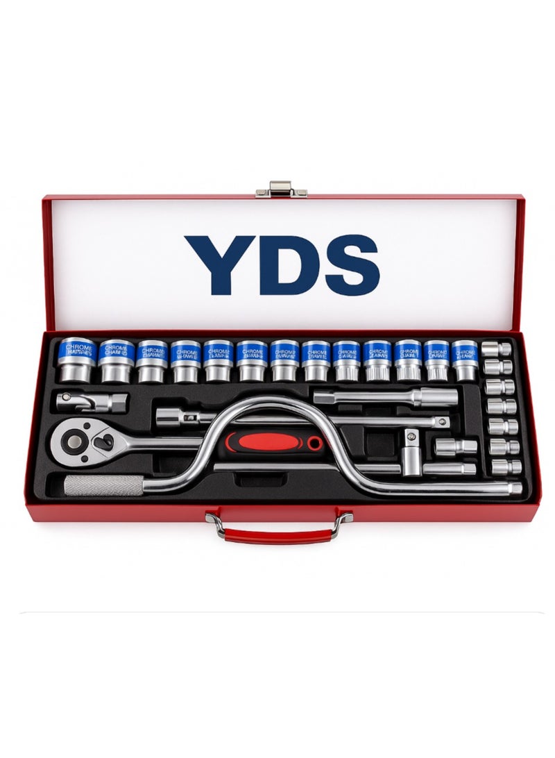 YDS Super Total 24PCS 1/2" Cr-V Socket Set / Tool Box – Mechanics Tool Kit with Extension Bars, Ratchet Handle & Universal Joint for Automotive Repairs and DIY Projects - Image 1