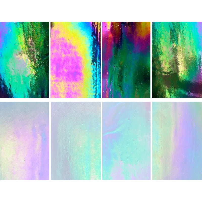 LITMIND 8 Pack Stained Glass Sheets Variety Pack 4 x 6 inch Iridescent Glass Sheets for Beginners Mosaic Tiles for Crafts Art Glass Pack OpaqueIridescent Black  White