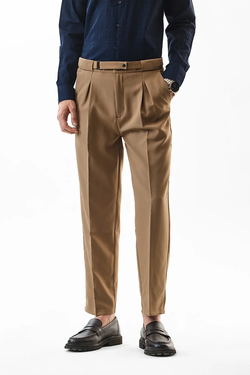 SNITCH Tan Solid Slim Fit Formal Trousers