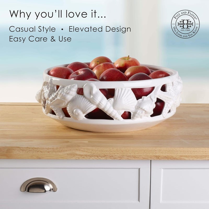 Fitz & Floyd Fitz and Floyd Coastal Home Centerpiece Bowl - 14-Inch Earthenware Bowl with Intricate Seashell and Starfish Design, Ideal for Coastal-Inspired Table Settings or Beach House Decor - Image 3