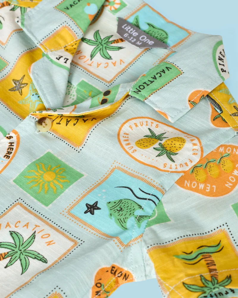 ردتاغ Infant Boys Green Printed Mandarin Shirt