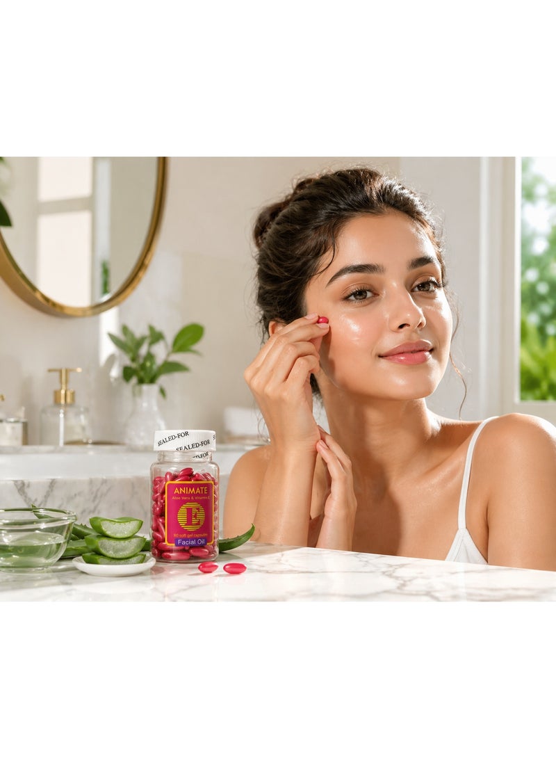 ANIMATE Skin Glow Facial Oil Capsules Aloe Vera Vitamin E 60 Softgel Hydration Nourish Repair Face Serum Capsule Skincare - Image 2