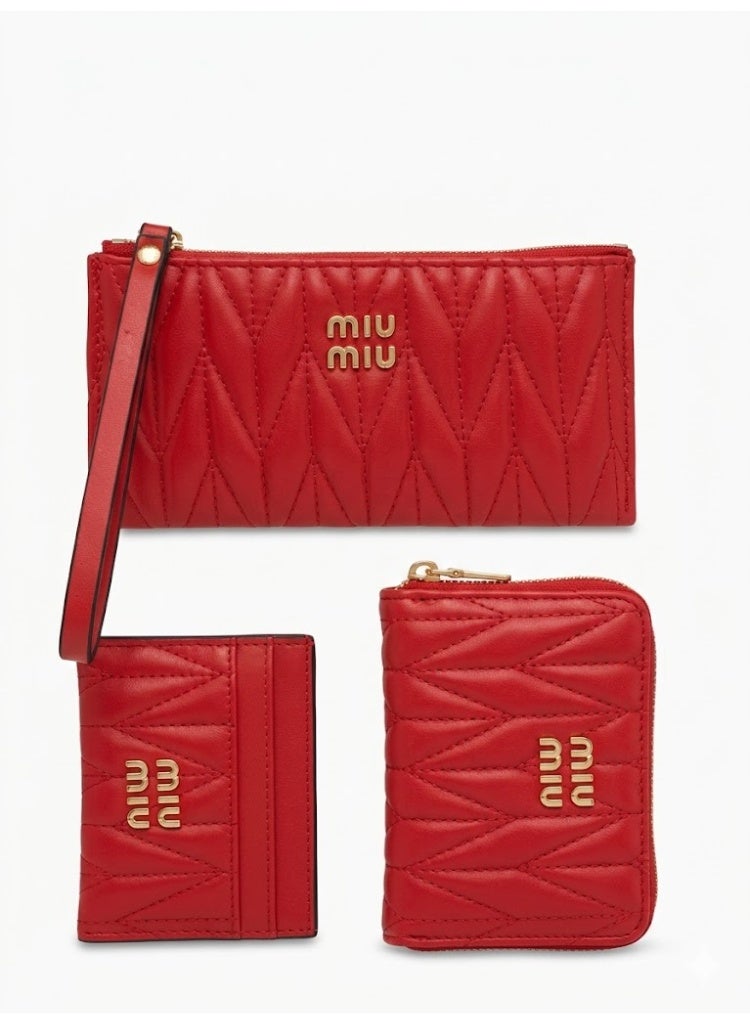 Miu Miu Quilted Wallet 3-Piece Set for Women – Red Zip Wallet, Card Holder & Wristlet Pouch