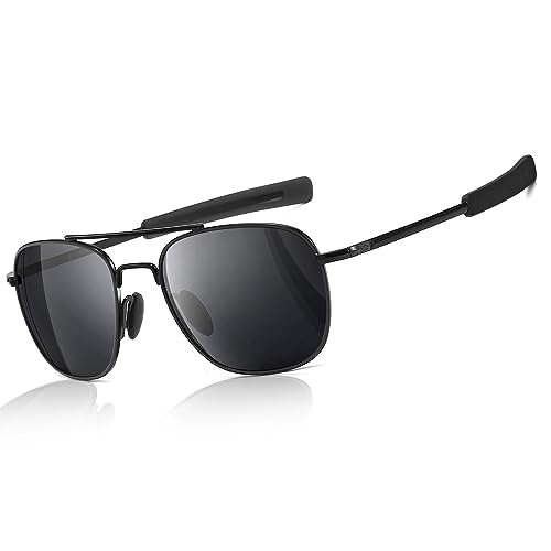 SUNGAIT Men's Military Style Polarized Pilot Aviator Sunglasses - Bayonet Temples (Black Frame/Gray Lens, 55) A285HKHU - Image 1
