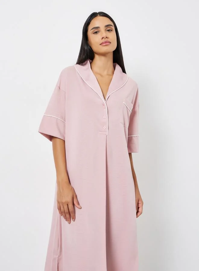 Styli Contrast Piped Half Placket Nightshirt Dress