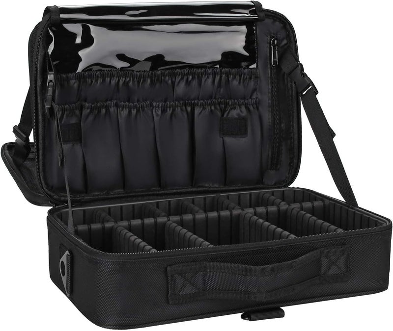Large 13.8" Travel Makeup Bag - Professional Portable Cosmetic Case with Adjustable Dividers, Shoulder Strap & Brush Holder - Black Makeup Organizer - Image 1