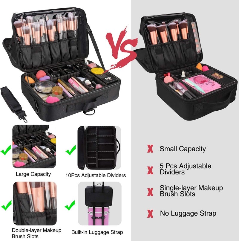 Large 13.8" Travel Makeup Bag - Professional Portable Cosmetic Case with Adjustable Dividers, Shoulder Strap & Brush Holder - Black Makeup Organizer - Image 2