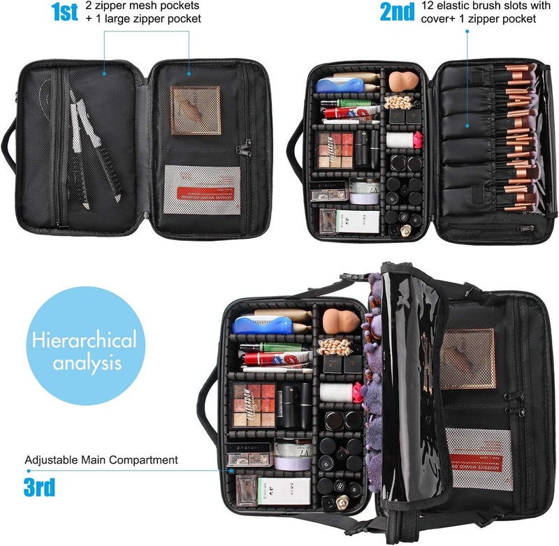 Large 13.8" Travel Makeup Bag - Professional Portable Cosmetic Case with Adjustable Dividers, Shoulder Strap & Brush Holder - Black Makeup Organizer - Image 5