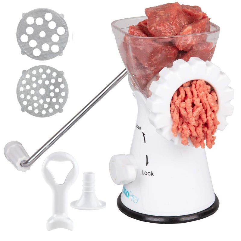 Manual Meat Grinder Mincer w 2 Stainless Steel Plates Sausage Attachment Press Heavy Duty Suction Base and Dishwasher Safe Design Make Homemade Sausage Ground Beef Burger Patties or Hamburgers
