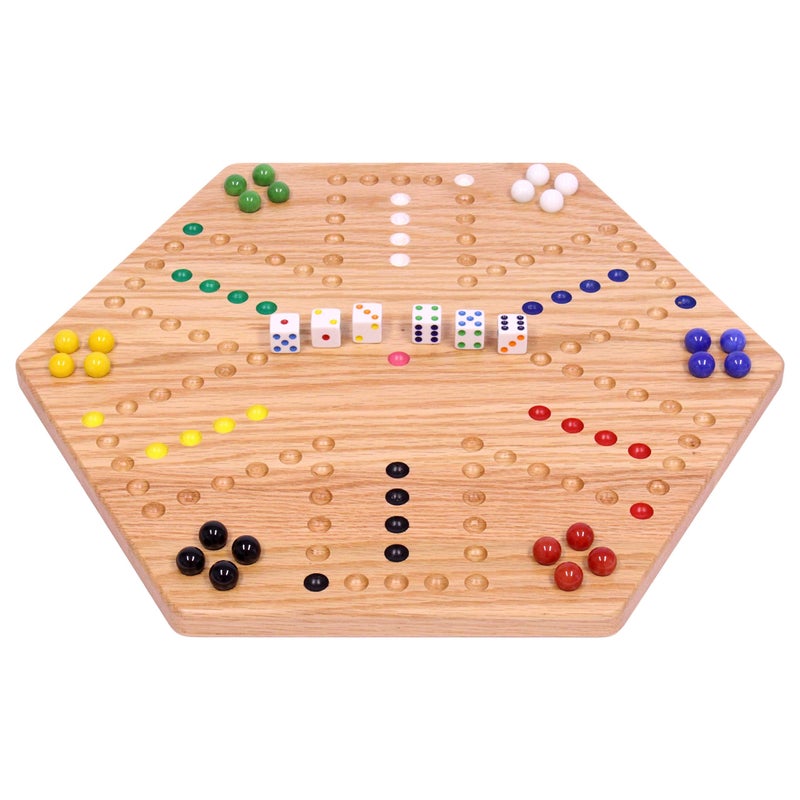AmishToyBoxcom Wahoo Marble Game Board Set 16 Wide Solid Oak Wood DoubleSided with 16mm Marbles and Dice Included