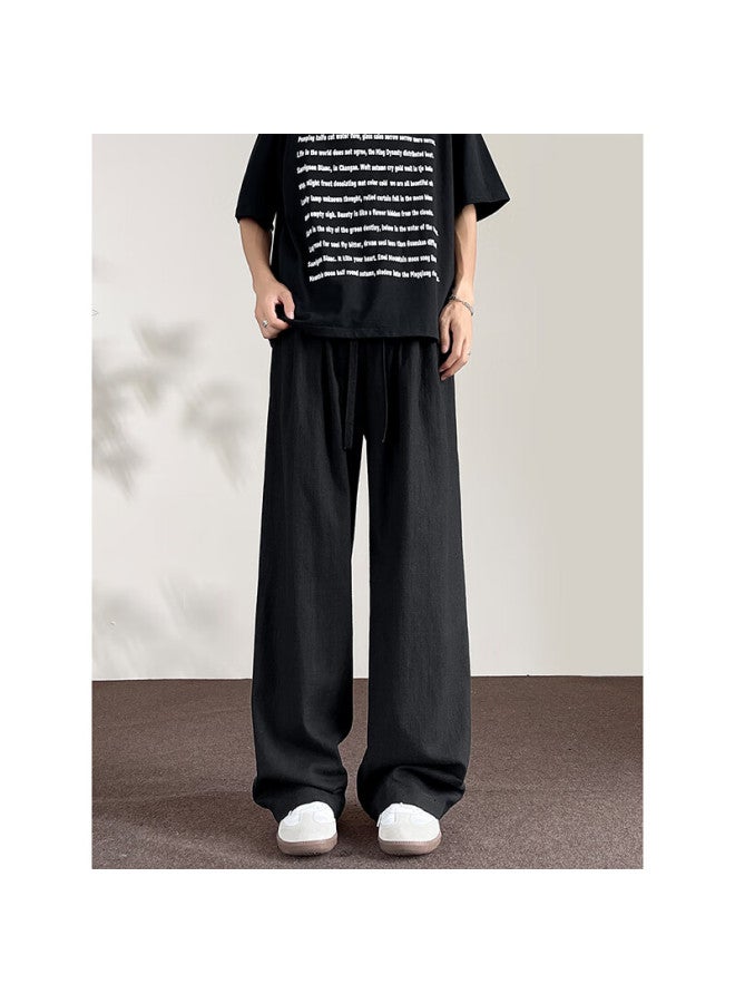 Dingfengbaoluo Men's Linen Pants Summer Pure Cotton Loose Straight Wide-leg Solid Color Casual Pants Dj83 Black 2XL - Image 4