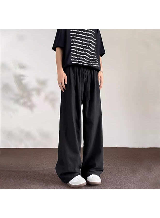 Dingfengbaoluo Men's Linen Pants Summer Pure Cotton Loose Straight Wide-leg Solid Color Casual Pants Dj83 Black 2XL - Image 3