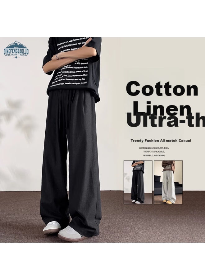 Dingfengbaoluo Men's Linen Pants Summer Pure Cotton Loose Straight Wide-leg Solid Color Casual Pants Dj83 Black 2XL - Image 1