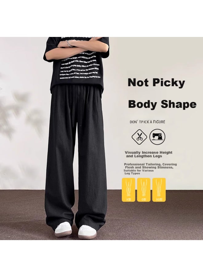 Dingfengbaoluo Men's Linen Pants Summer Pure Cotton Loose Straight Wide-leg Solid Color Casual Pants Dj83 Black 2XL - Image 2