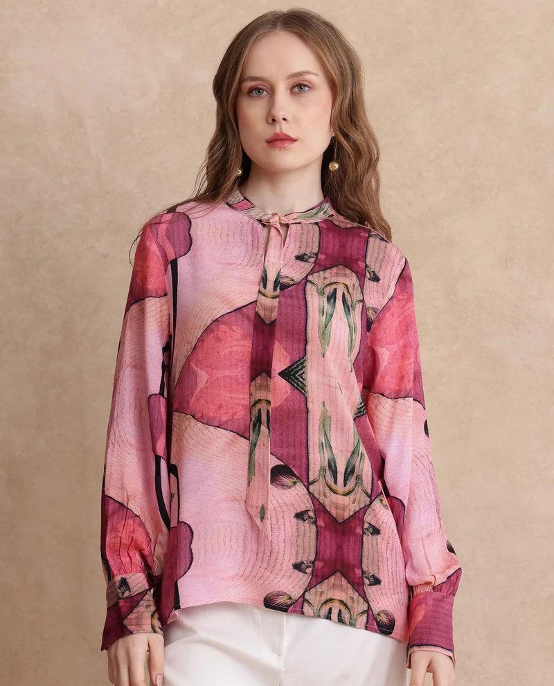 Rareism Women's High Neck Abstract Print Top
