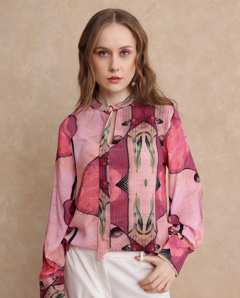 Rareism Women's High Neck Abstract Print Top