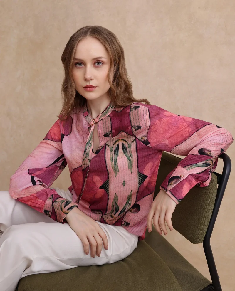 Rareism Women's High Neck Abstract Print Top