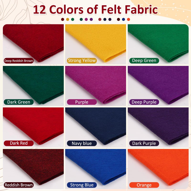 XSEINO 12 Rolls 8"x35" 1.4mm Thick Soft Felt Fabric Sheet 12 Assorted Dark Series Colors Felt Pack for DIY Craft Sewing Squares Nonwoven Patchwork - Image 2