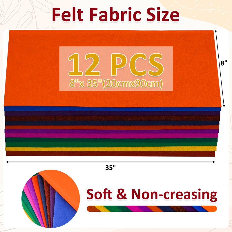 XSEINO 12 Rolls 8"x35" 1.4mm Thick Soft Felt Fabric Sheet 12 Assorted Dark Series Colors Felt Pack for DIY Craft Sewing Squares Nonwoven Patchwork - Image 3