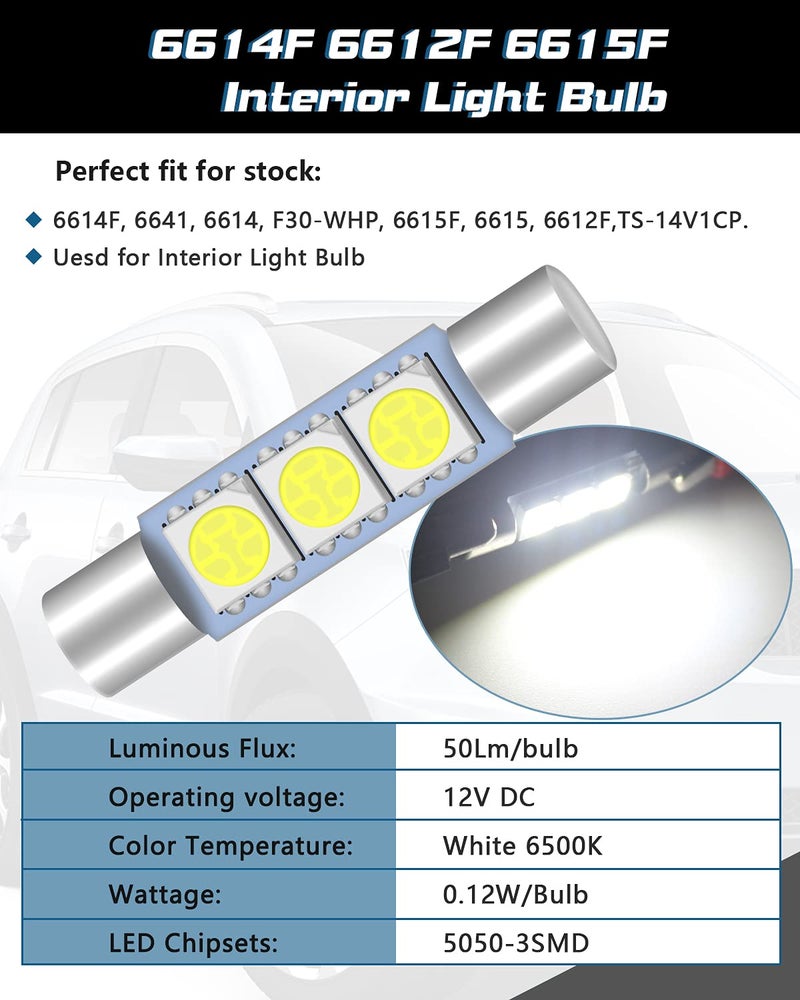 Alopee 6614 6614F LED Bulb 30mm(1.18") 31mm(1.22") 50 Lums White 3SMD 5050 Chips, 6612F LED Bulbs for Cars Interior Vanity Mirror Lights Sun Visor Lights, License Plate Light, Pack of 20 - Image 3