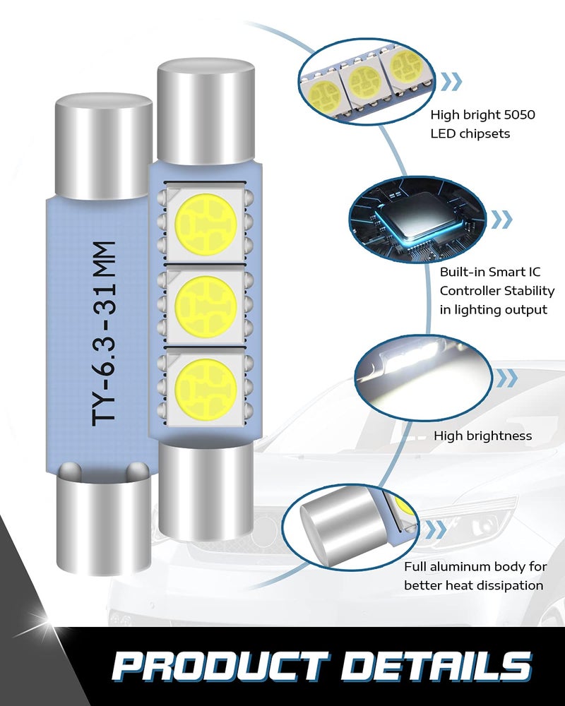Alopee 6614 6614F LED Bulb 30mm(1.18") 31mm(1.22") 50 Lums White 3SMD 5050 Chips, 6612F LED Bulbs for Cars Interior Vanity Mirror Lights Sun Visor Lights, License Plate Light, Pack of 20 - Image 4