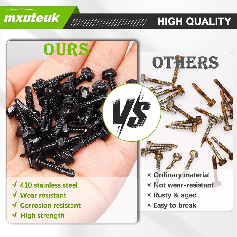mxuteuk طقم براغي ذاتية الثقب 165PCS #8#10 من الفولاذ المقاوم للصدأ 410 براغي رأس غسالة سداسية، براغي معدنية مطلية بالزنك الأسود مناسبة للخشب، المعدن أو المواد الصلبة - Image 4