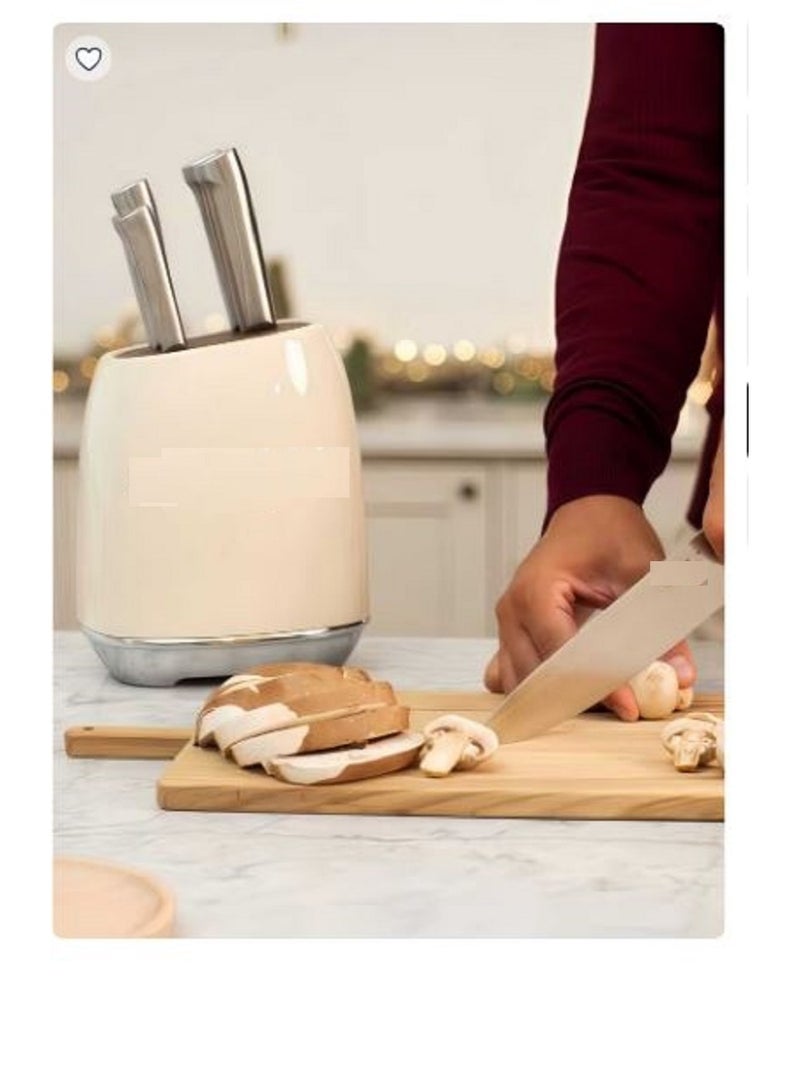 A 7-piece beige knife set featuring a stylish holder and six knives of various sizes—ideal for daily kitchen use. - Image 4