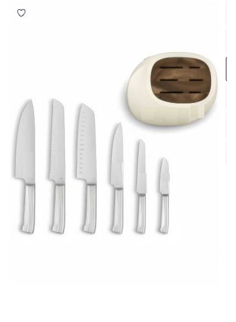 A 7-piece beige knife set featuring a stylish holder and six knives of various sizes—ideal for daily kitchen use. - Image 2