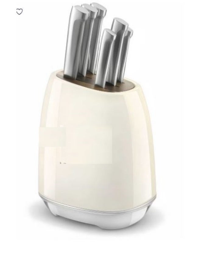A 7-piece beige knife set featuring a stylish holder and six knives of various sizes—ideal for daily kitchen use. - Image 1