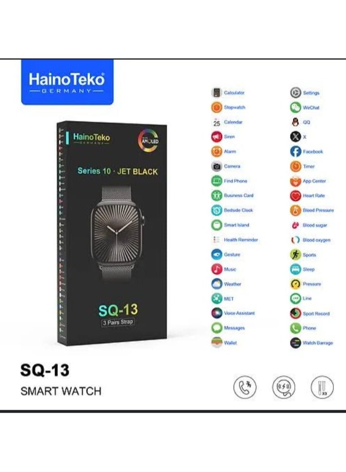 Haino Teko SQ-13 Series 10 Jet Black Smart Watch With Large Screen AMOLED Display AI Voice Assistance 3 Pair Straps and Charging Cable Black Designed for Ladies and Gents - Image 3