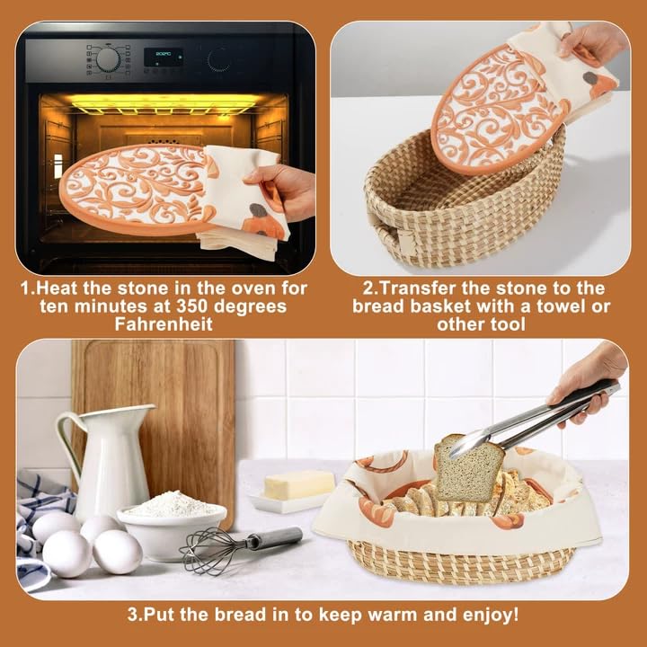 Hlimior Bread Warmer Basket with Stone - Terracotta Bowl Keeps Bread Warm & Moist, Includes Linen Liner and Clips, Ideal Gift for Sourdough Bakers, Housewarming & Weddings(Flowers) - Image 5