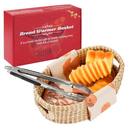 Hlimior Bread Warmer Basket with Stone - Terracotta Bowl Keeps Bread Warm & Moist, Includes Linen Liner and Clips, Ideal Gift for Sourdough Bakers, Housewarming & Weddings(Flowers) - Image 1