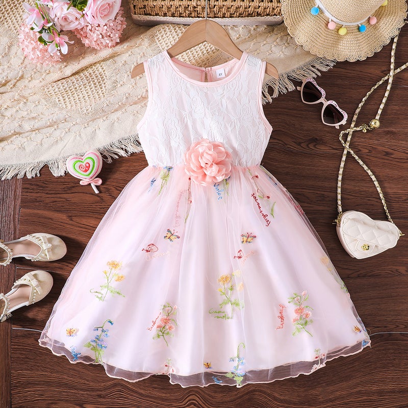 2025 Summer Sweet Princess Dress Three-Dimensional Flower Decorative Lace Stitching Dress Dress New - Image 1