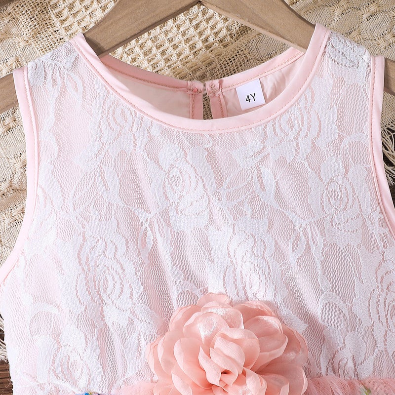 2025 Summer Sweet Princess Dress Three-Dimensional Flower Decorative Lace Stitching Dress Dress New - Image 3