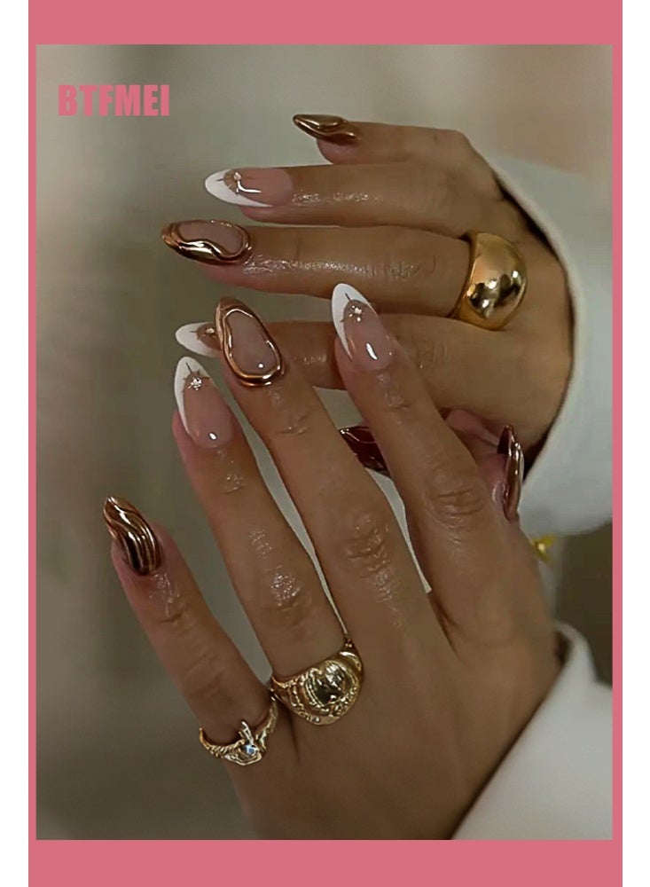 BTFMEI 24Pcs French Manicure with Gold-Edged Nails, 3D Gold Lines & Pearl French Nails Nude,Short Almond Press On False Nails, Translucent Nails Press ons Simple & Reusable Stick on Nails, Perfect for Parties & Weddings - Image 2