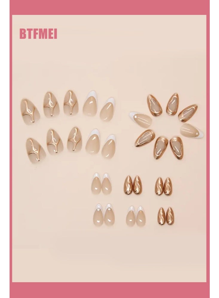 BTFMEI 24Pcs French Manicure with Gold-Edged Nails, 3D Gold Lines & Pearl French Nails Nude,Short Almond Press On False Nails, Translucent Nails Press ons Simple & Reusable Stick on Nails, Perfect for Parties & Weddings - Image 3