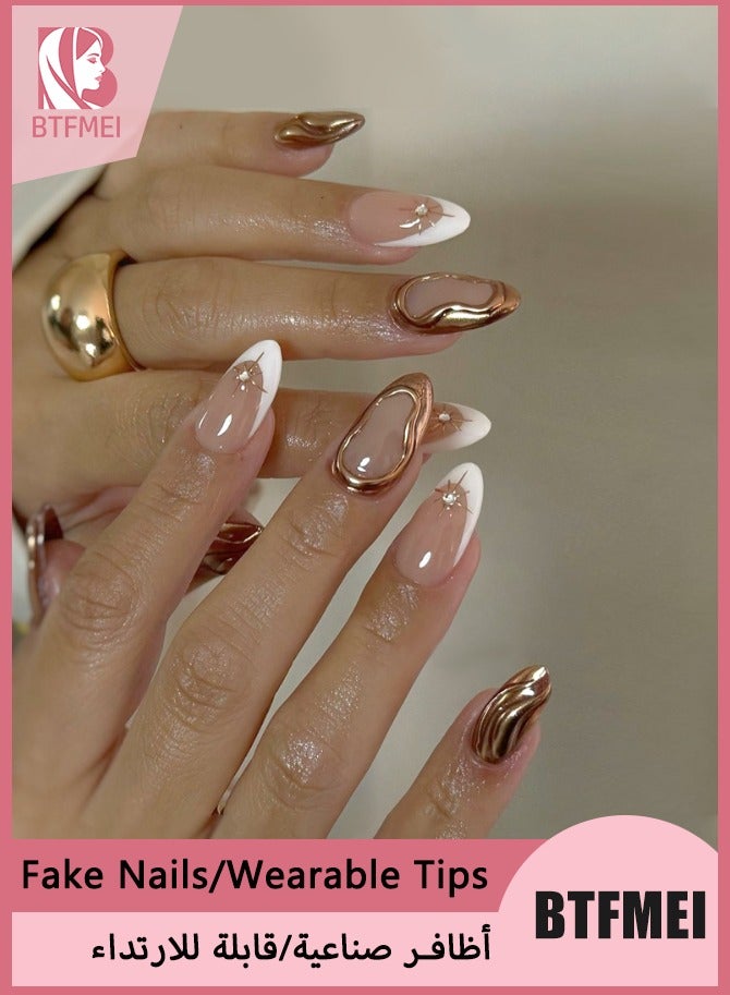 BTFMEI 24Pcs French Manicure with Gold-Edged Nails, 3D Gold Lines & Pearl French Nails Nude,Short Almond Press On False Nails, Translucent Nails Press ons Simple & Reusable Stick on Nails, Perfect for Parties & Weddings - Image 1