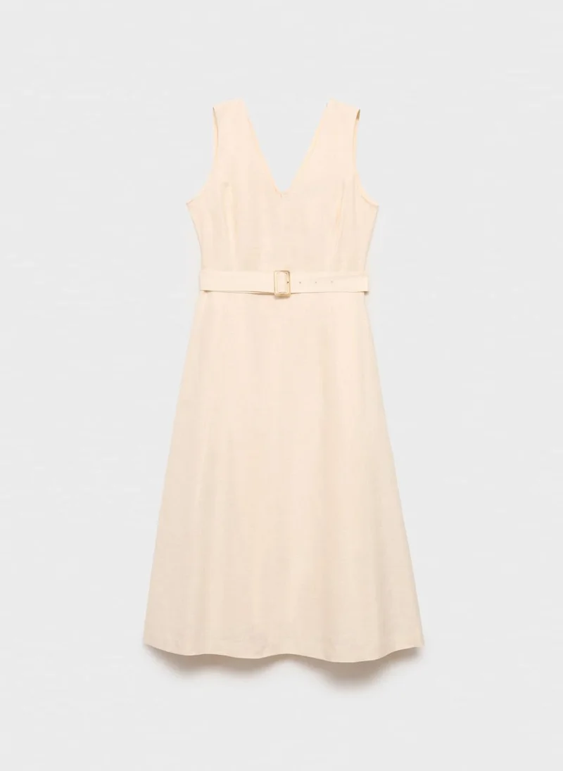 مانجو Belted Linen Midi Dress