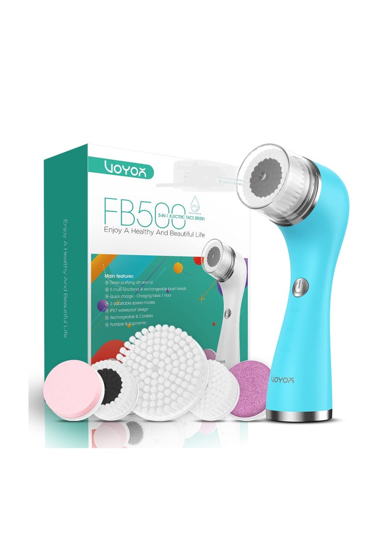 VOYOR Facial Cleansing Brush Rechargeable, Spin Face Brush Waterproof 5-in-1 Body Brush Set for Deep Skin Cleansing, Gentle Exfoliating and Massaging FB500 (Blue) - Image 1