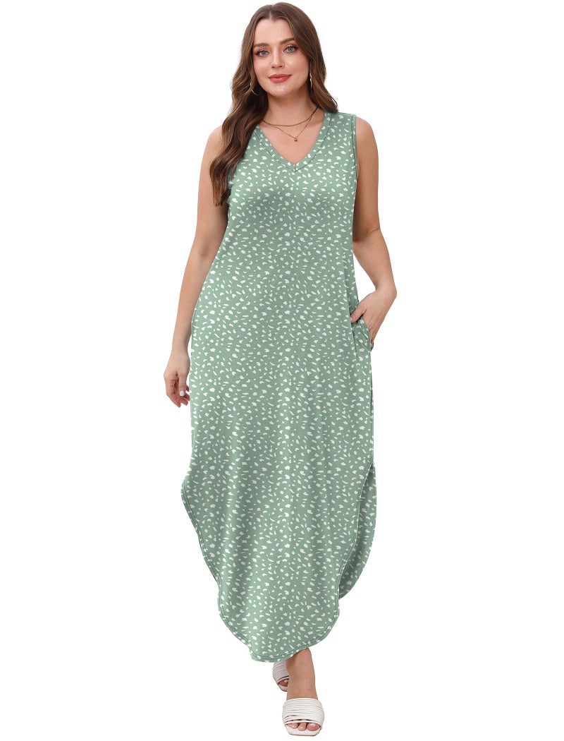 Sampeel Dresses for Women Green Wedding Guest Maxi Dress 2025 Summer Outfits V Neck Cute Floral Green Wave Point XXL - Image 5