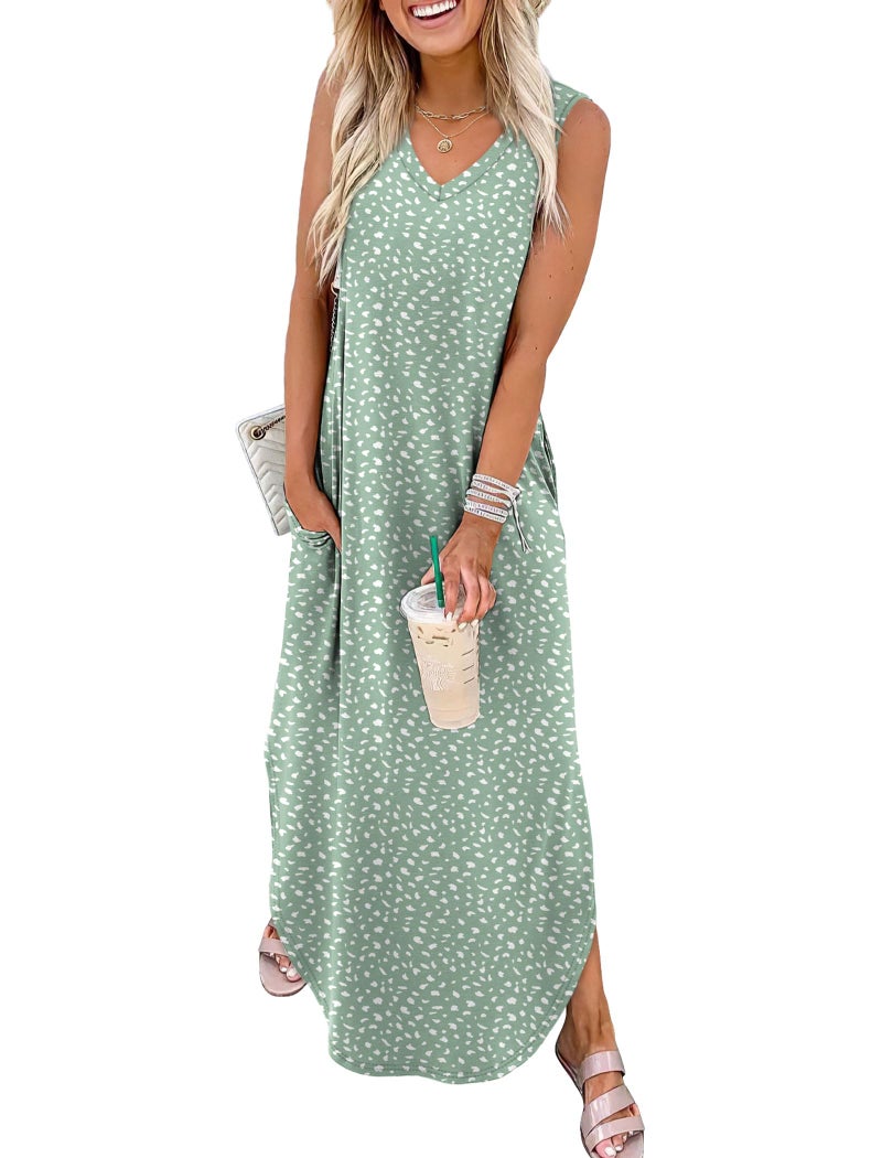 Sampeel Dresses for Women Green Wedding Guest Maxi Dress 2025 Summer Outfits V Neck Cute Floral Green Wave Point XXL - Image 1